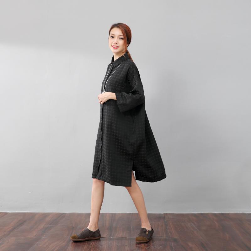 Chic Women Polka Dots Polo Collar Single Breasted Splitting Black Shirt Dress
