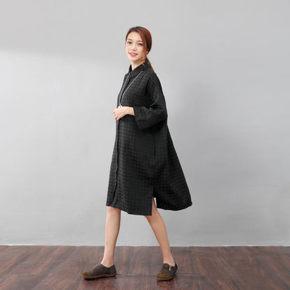 Chic Women Polka Dots Polo Collar Single Breasted Splitting Black Shirt Dress
