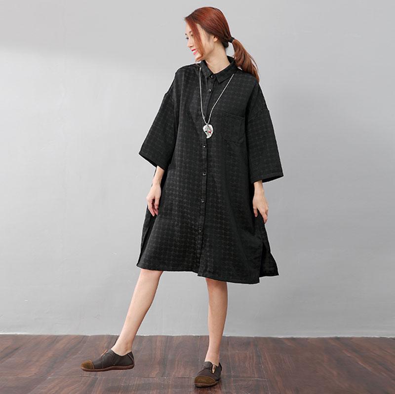 Chic Women Polka Dots Polo Collar Single Breasted Splitting Black Shirt Dress