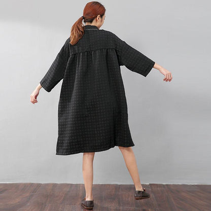 Chic Women Polka Dots Polo Collar Single Breasted Splitting Black Shirt Dress
