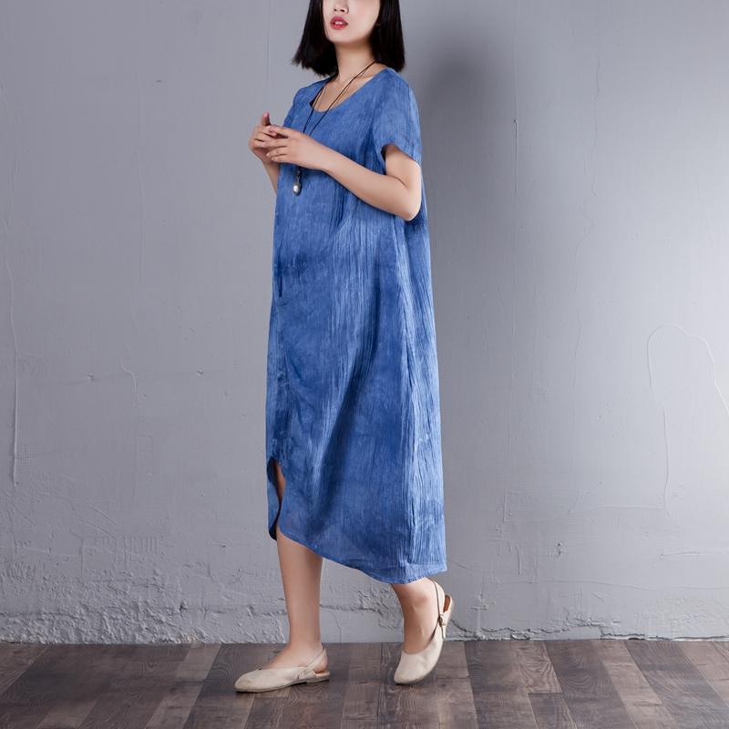 Irregular Round Neck Short Sleeve Summer Blue Dress