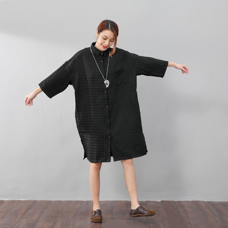 Chic Women Polka Dots Polo Collar Single Breasted Splitting Black Shirt Dress