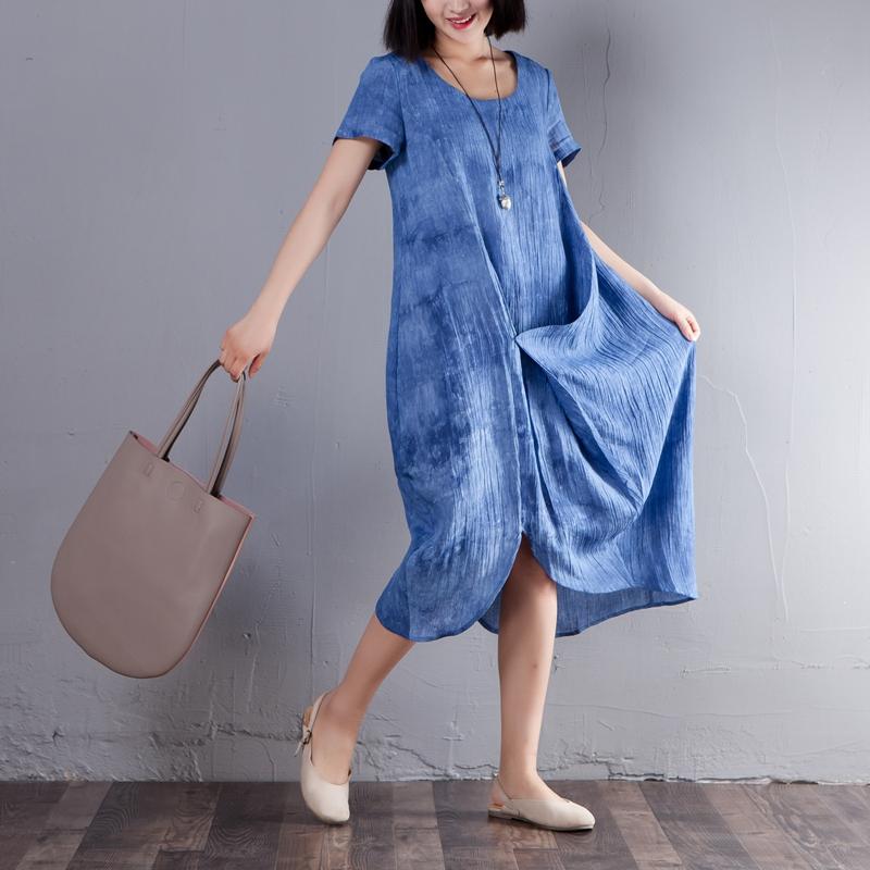 Irregular Round Neck Short Sleeve Summer Blue Dress