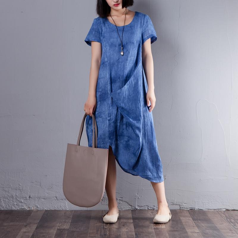 Irregular Round Neck Short Sleeve Summer Blue Dress