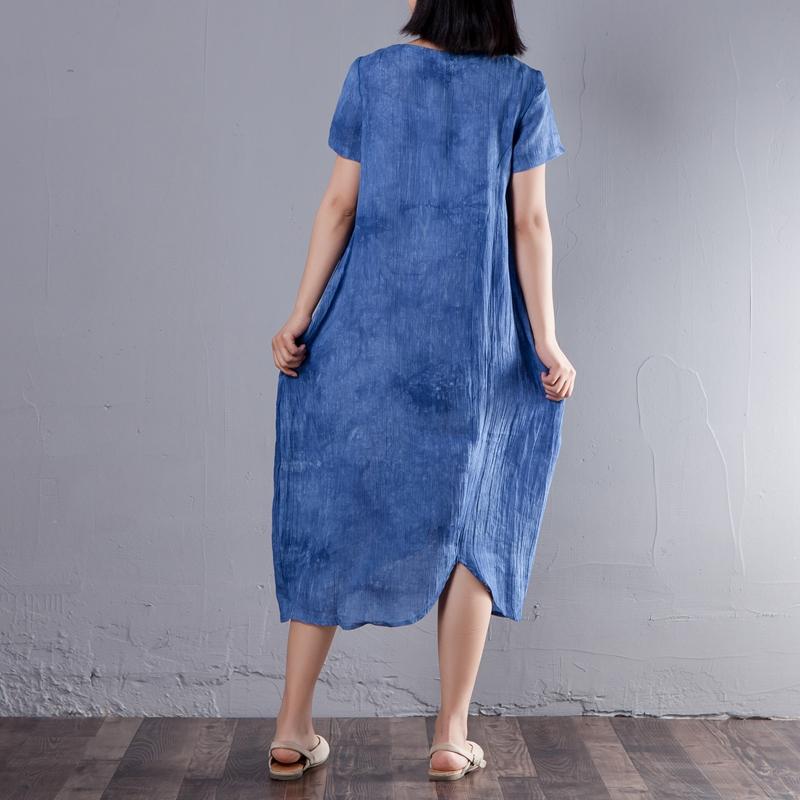 Irregular Round Neck Short Sleeve Summer Blue Dress