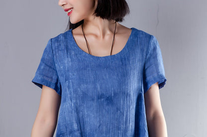 Irregular Round Neck Short Sleeve Summer Blue Dress