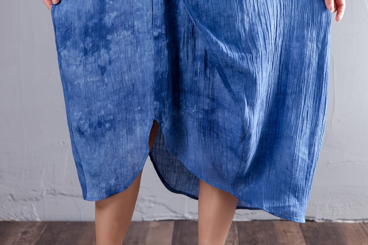 Irregular Round Neck Short Sleeve Summer Blue Dress