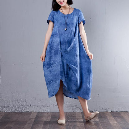 Irregular Round Neck Short Sleeve Summer Blue Dress