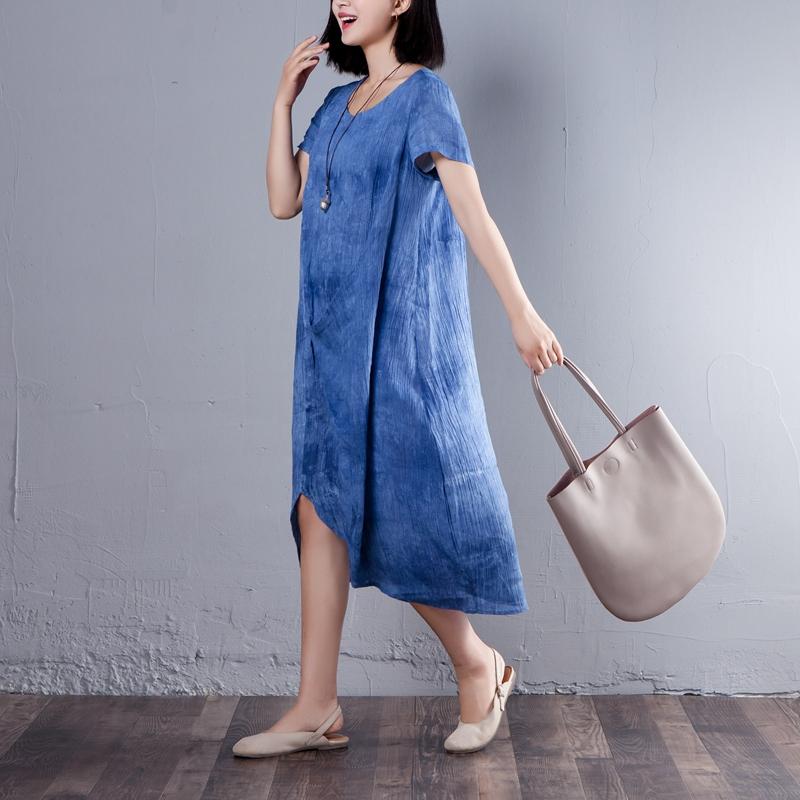 Irregular Round Neck Short Sleeve Summer Blue Dress