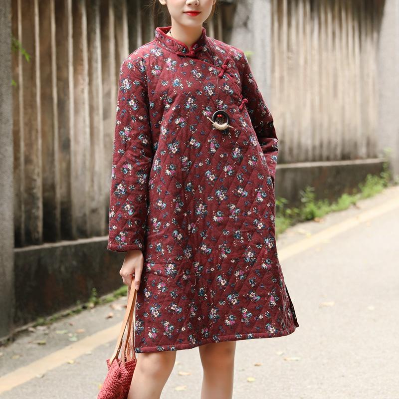 Winter Printing Retro Floral Cotton Dress For Women