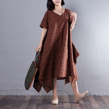 Summer V Neck Short Sleeve Loose Lattice Red Dress