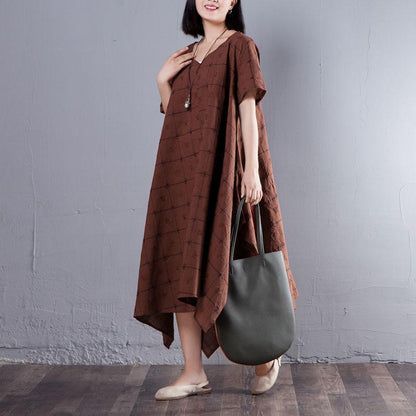Summer V Neck Short Sleeve Loose Lattice Red Dress
