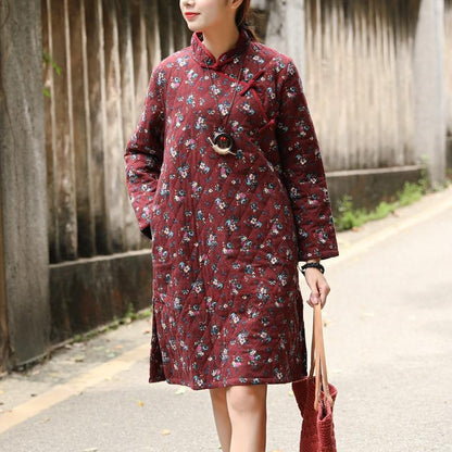 Winter Printing Retro Floral Cotton Dress For Women