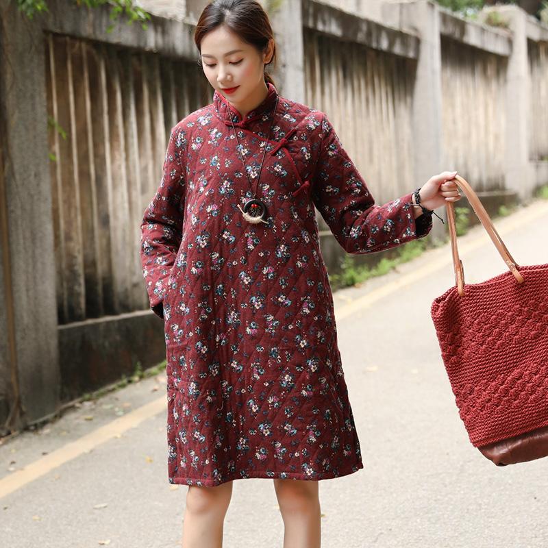 Winter Printing Retro Floral Cotton Dress For Women