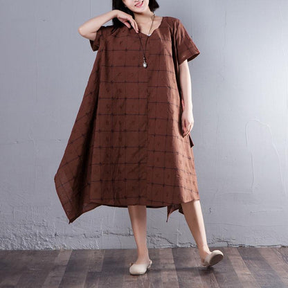 Summer V Neck Short Sleeve Loose Lattice Red Dress