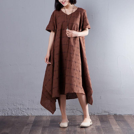 Summer V Neck Short Sleeve Loose Lattice Red Dress