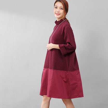 Autumn Women Splicing Semi-high Collar Graceful Women Red Shirt