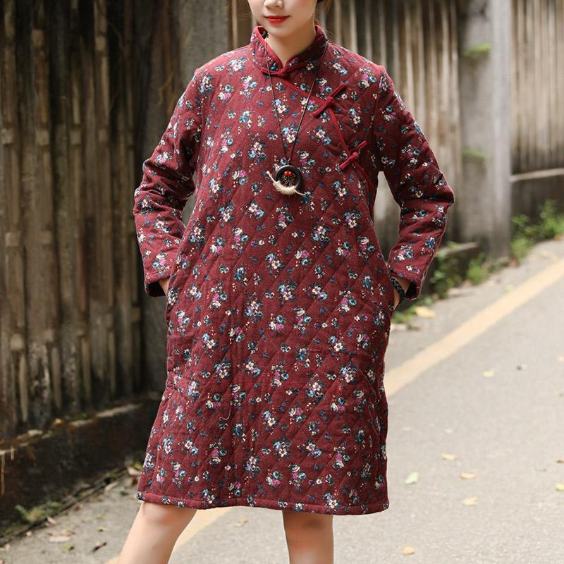 Winter Printing Retro Floral Cotton Dress For Women