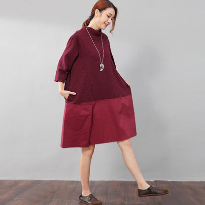 Autumn Women Splicing Semi-high Collar Graceful Women Red Shirt