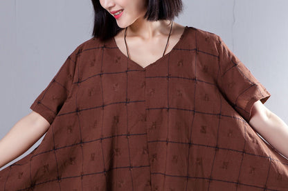 Summer V Neck Short Sleeve Loose Lattice Red Dress