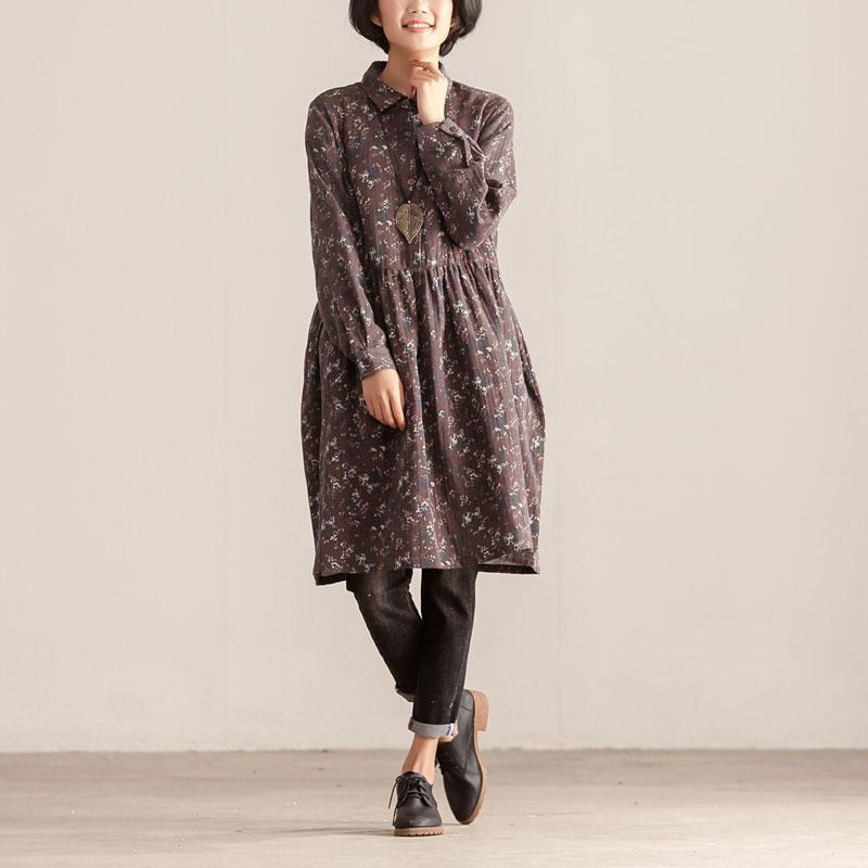 Retro Women Polo Collar Long Sleeve Printing Pullover Dress