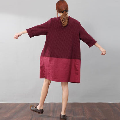 Autumn Women Splicing Semi-high Collar Graceful Women Red Shirt