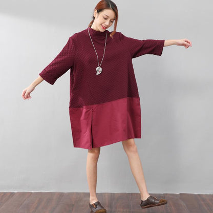 Autumn Women Splicing Semi-high Collar Graceful Women Red Shirt