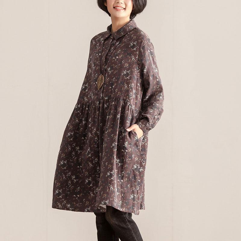 Retro Women Polo Collar Long Sleeve Printing Pullover Dress