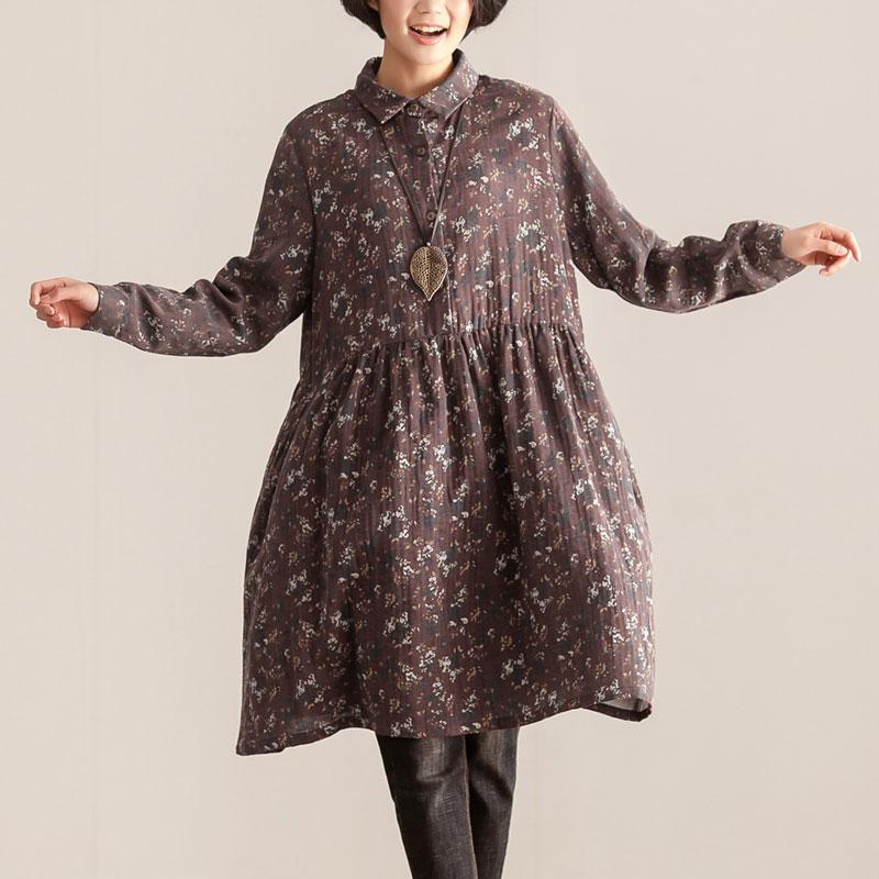 Retro Women Polo Collar Long Sleeve Printing Pullover Dress