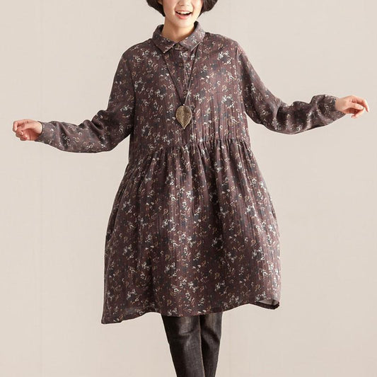 Retro Women Polo Collar Long Sleeve Printing Pullover Dress