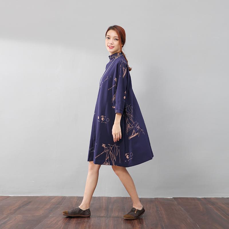 Women Semi-High Collar Casual Loose Printing Pockets Blue Dress