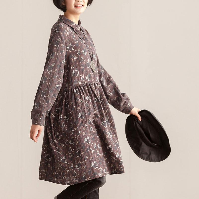 Retro Women Polo Collar Long Sleeve Printing Pullover Dress