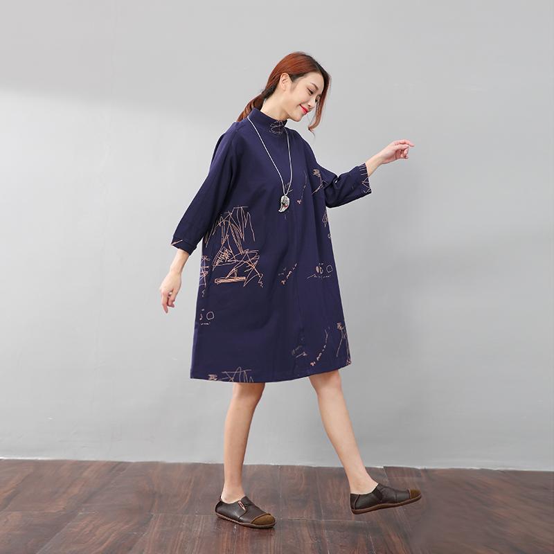 Women Semi-High Collar Casual Loose Printing Pockets Blue Dress