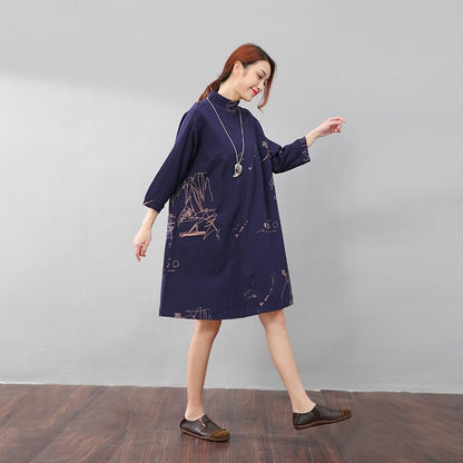 Women Semi-High Collar Casual Loose Printing Pockets Blue Dress