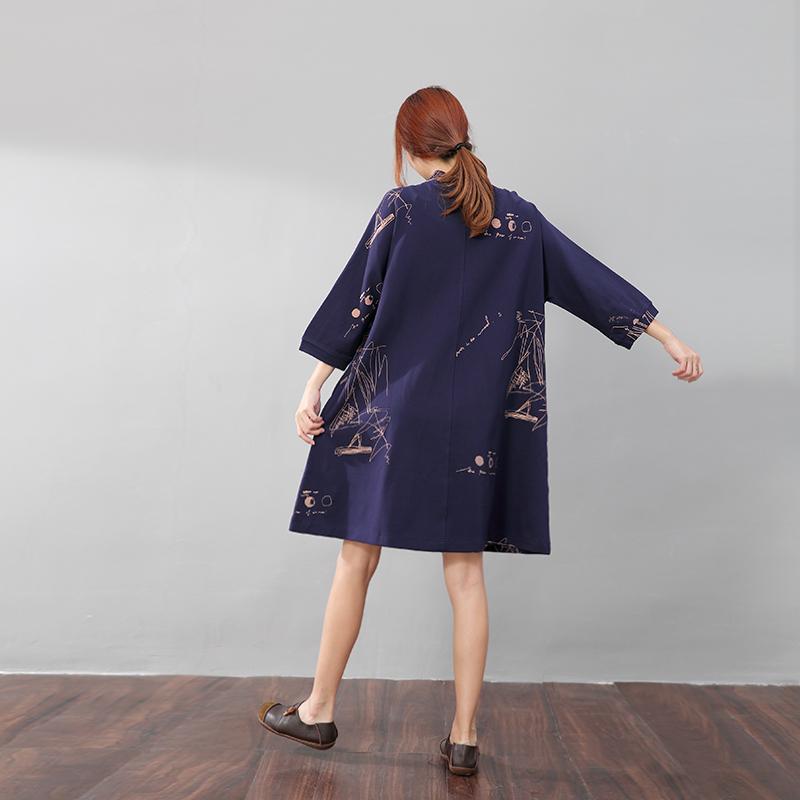 Women Semi-High Collar Casual Loose Printing Pockets Blue Dress