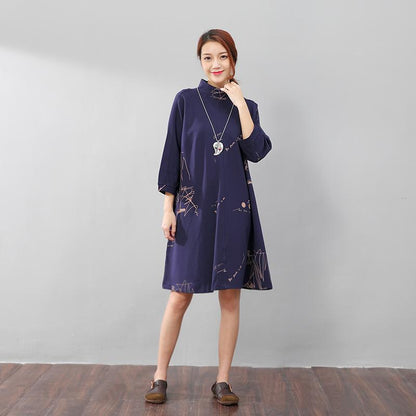 Women Semi-High Collar Casual Loose Printing Pockets Blue Dress