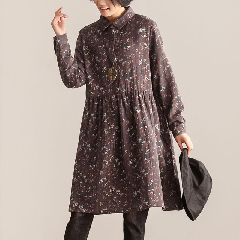 Retro Women Polo Collar Long Sleeve Printing Pullover Dress