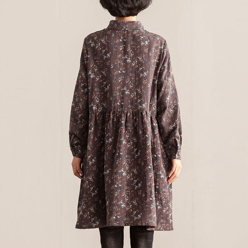 Retro Women Polo Collar Long Sleeve Printing Pullover Dress