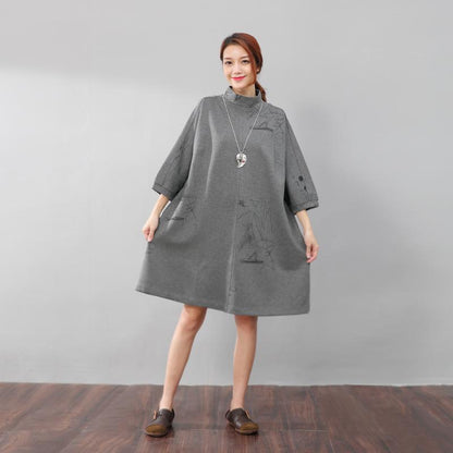 Women Semi-High Collar Casual Loose Printing Pockets Gray Dress