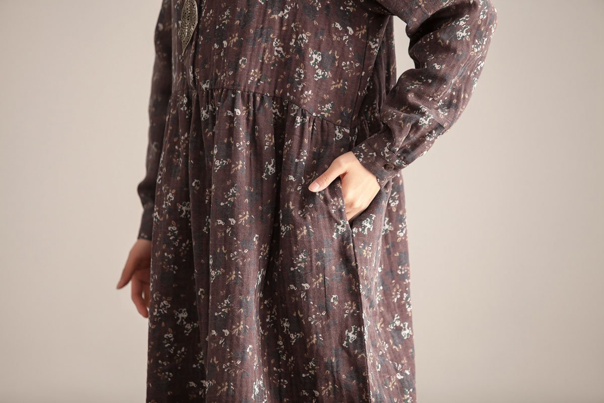 Retro Women Polo Collar Long Sleeve Printing Pullover Dress