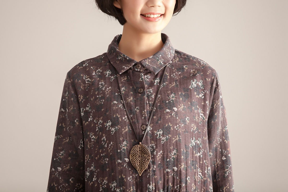 Retro Women Polo Collar Long Sleeve Printing Pullover Dress