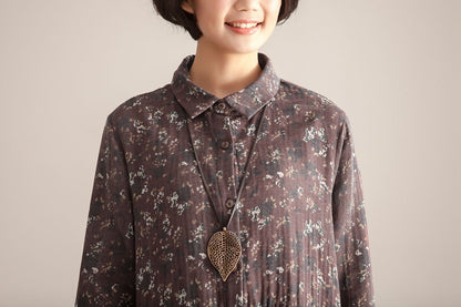 Retro Women Polo Collar Long Sleeve Printing Pullover Dress