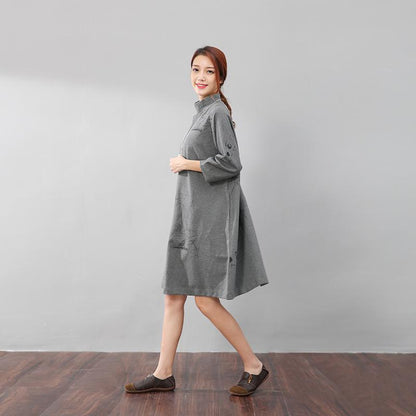 Women Semi-High Collar Casual Loose Printing Pockets Gray Dress