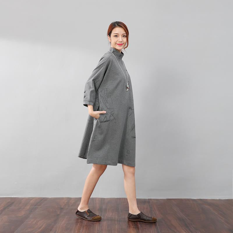 Women Semi-High Collar Casual Loose Printing Pockets Gray Dress