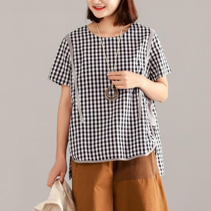 Women Gray Plaid Zipper Short Sleeve Summer Tops