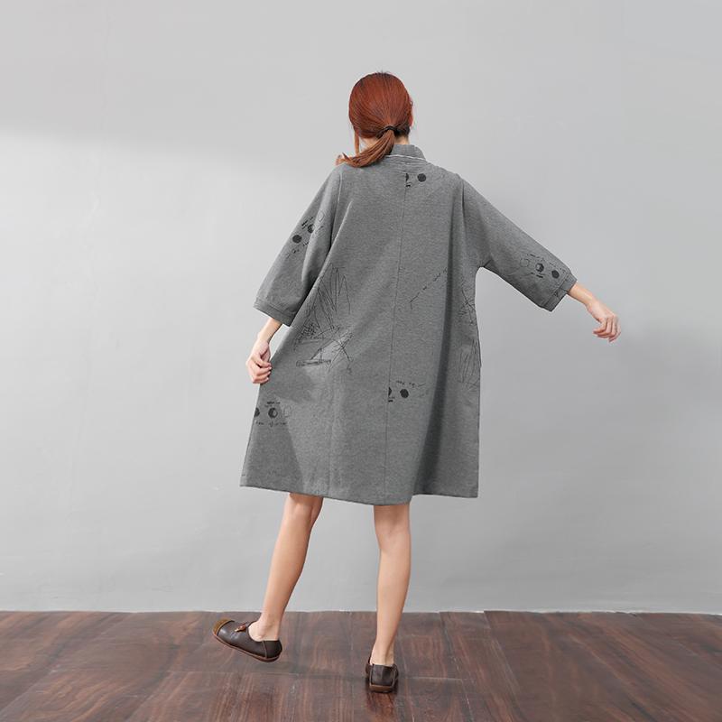Women Semi-High Collar Casual Loose Printing Pockets Gray Dress