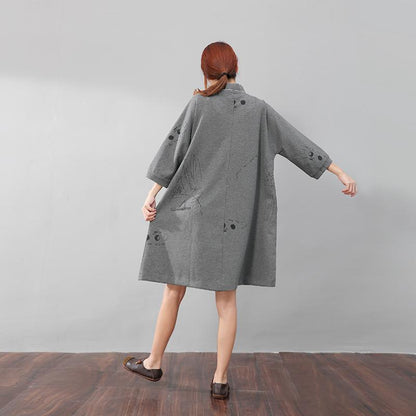 Women Semi-High Collar Casual Loose Printing Pockets Gray Dress
