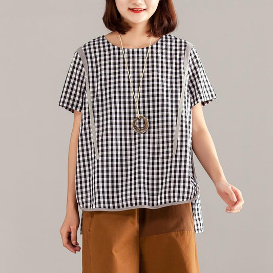 Women Gray Plaid Zipper Short Sleeve Summer Tops