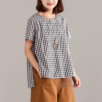 Women Gray Plaid Zipper Short Sleeve Summer Tops
