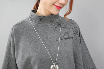 Women Semi-High Collar Casual Loose Printing Pockets Gray Dress